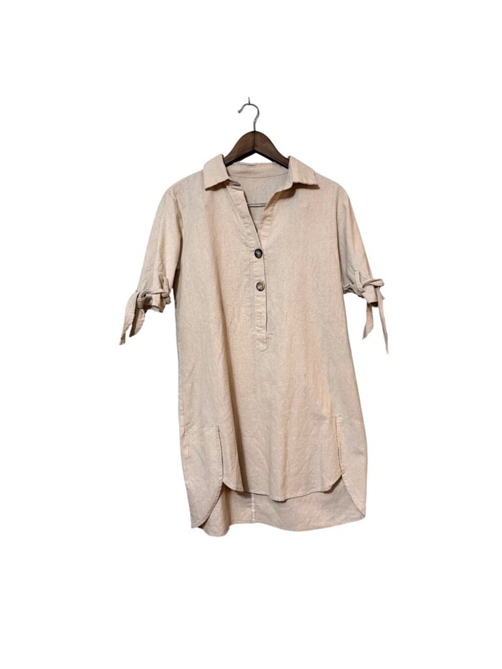 Beige Collared Button-Up Tunic Dress With Tie Sleeves & High-Low Hem
